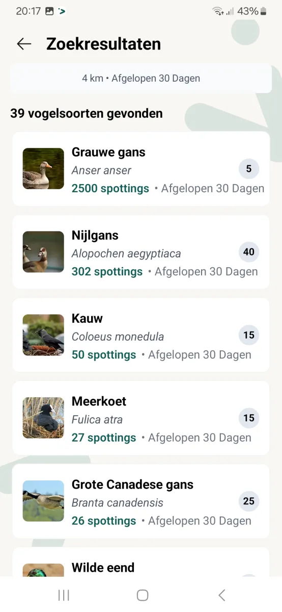 Zie welke vogels in een gebied gezien worden